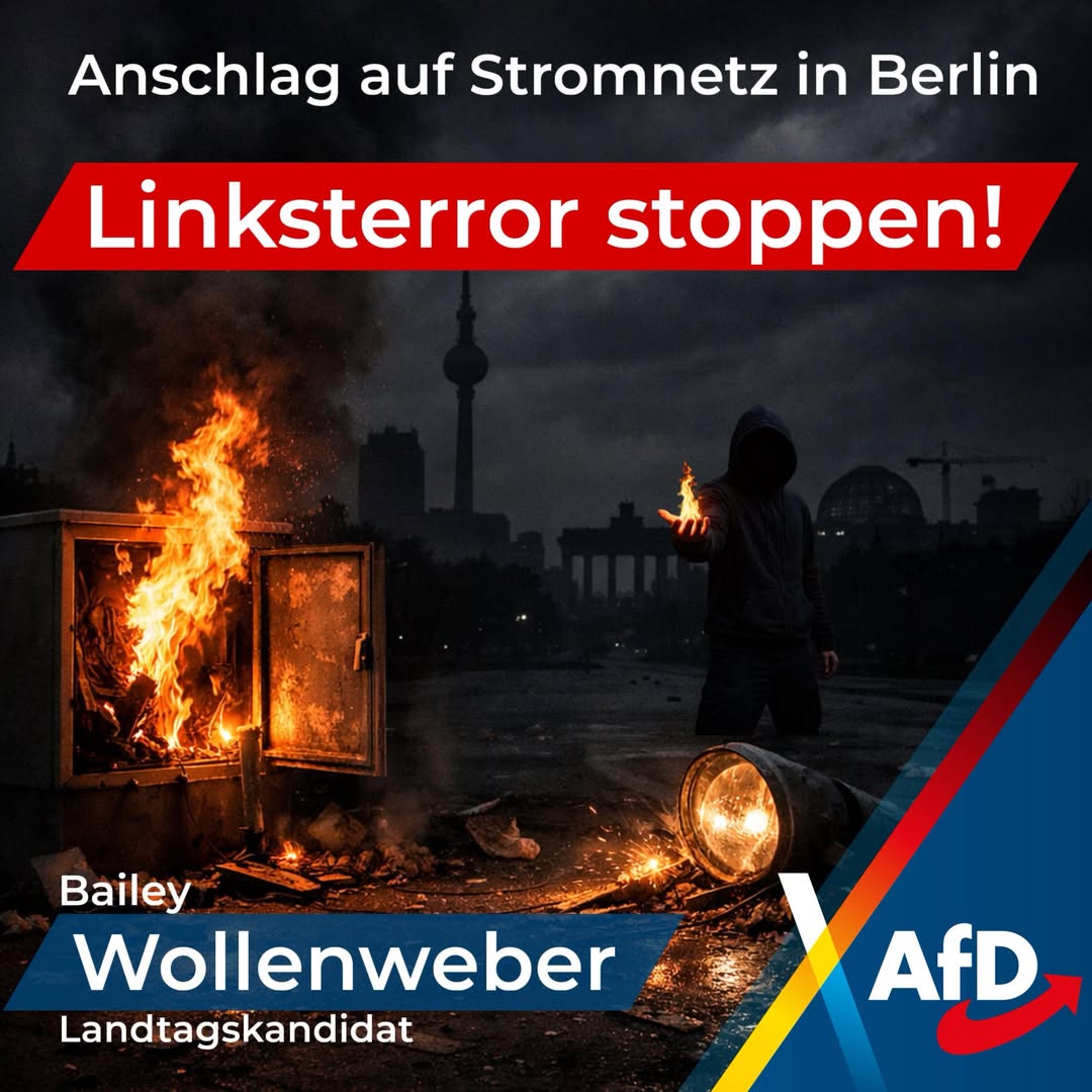 Dunkle Szene mit brennendem Stromkasten und Feuer auf einer Straße bei Nacht. Im Hintergrund ist die Berliner Skyline mit Fernsehturm zu erkennen. Eine vermummte Person steht im Halbdunkel. Im Bild steht der Text „Anschlag auf Stromnetz in Berlin“ sowie hervorgehoben „Linksterror stoppen!“. Unten links ist der Name „Bailey Wollenweber, Landtagskandidat“ zu sehen, unten rechts das AfD-Logo.