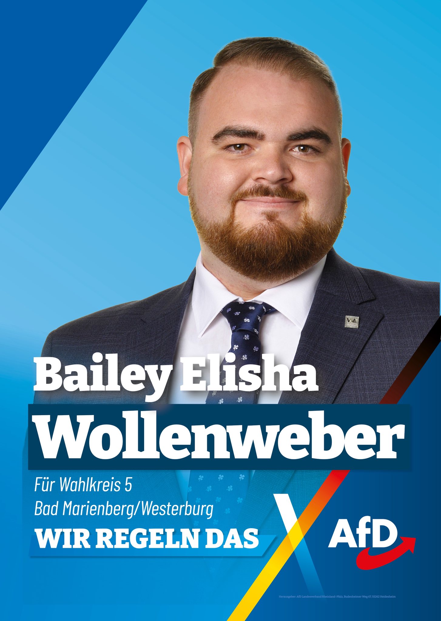 Porträt von Bailey Elisha Wollenweber in Anzug und Krawatte vor blauem Hintergrund. Wahlplakat für den Landtagswahlkreis 5 Bad Marienberg/Westerburg mit dem Slogan „Wir regeln das“ und AfD-Logo.