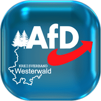 Ein blauer Button mit dem Logo des AfD-Kreisverbandes Westerwald mit AfD in weißer Schrift, rotem Pfeil und dem Grenzverlauf vom Westerwaldkreis