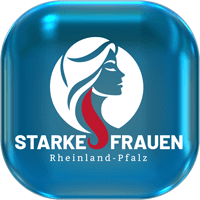 Blauer Button mit dem Logo des Frauennetzwerks "Starke Frauen Rheinland-Pfalz"